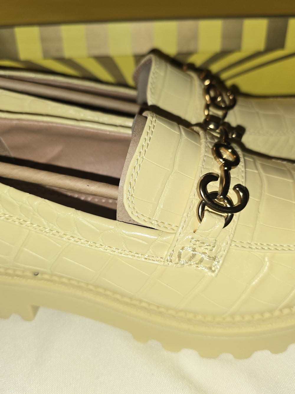 Women’s Pale Yellow Croc-Embossed Chain Loafers